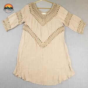 Dreamers Boho Tunic Top Beige Crochet 3/4 Sleeve Pullover Women's Size Large